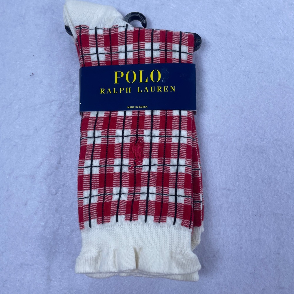 Polo Ralph Lauren Womens Plaid Ruffle Trim Crew Socks Red White Black NWT